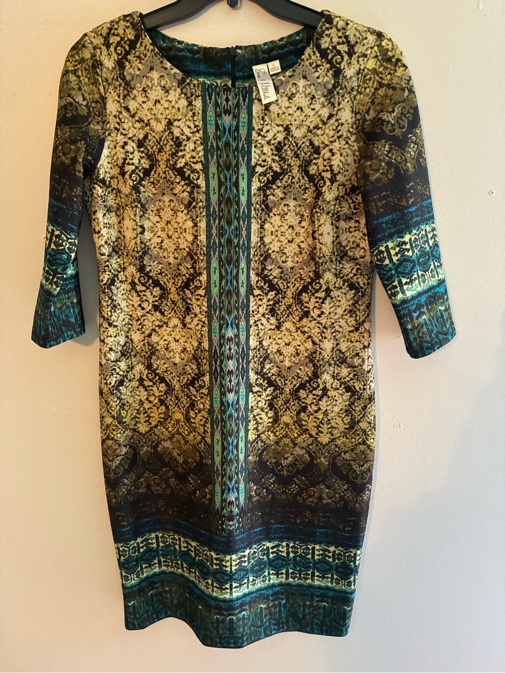 Printed Sheath Dress in Teal and Gold by Emma & Michele